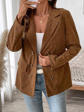 Aurohaya Women's Corduroy Velvet Double-Breasted Blazer with Pockets Long Sleeves Elegant Casual Loose Jacket